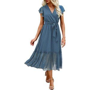 Women Summer Bohemian Floral Casual Wrap V Neck Midi Sun Dress